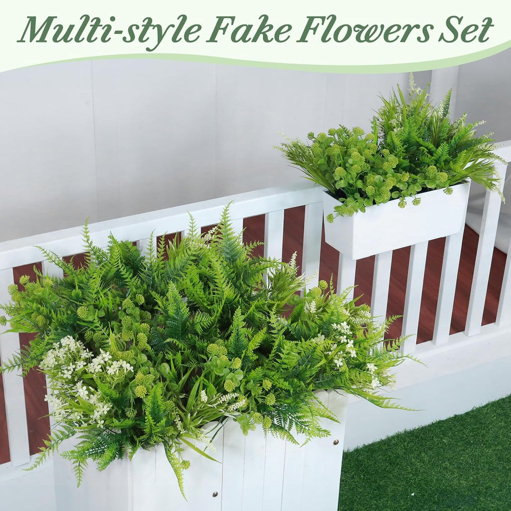 24 Bundles 6 Styles Artificial Plants Flowers for Outdoors Summer Decor | UV Resistant No Fade Faux Plants Plastic Greenery Shrubs, Fake Fern Lavender Boxwood for Garden Porch Yard Home Outdoor Decor