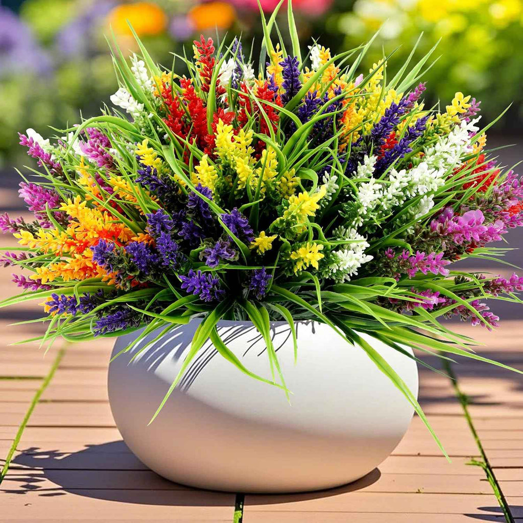 24 Bundles Artificial Plants Flowers Outdoor, UV Resistant,Mix 6 Colors | Faux Plants with Monkey Grass, Realistic Plastic Flowers for Garden Porch Window Box Patio Hanging Planter Decor