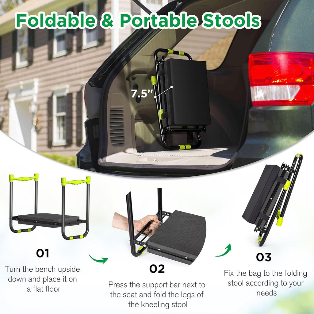 10.8” Wide Garden Kneeler and Seat, Heavy Duty Foldable Garden Stool | Included Thickened Kneeling Pad, Portable Gardening Bench Chair for Seniors & Parents with Tool Belt Pouch