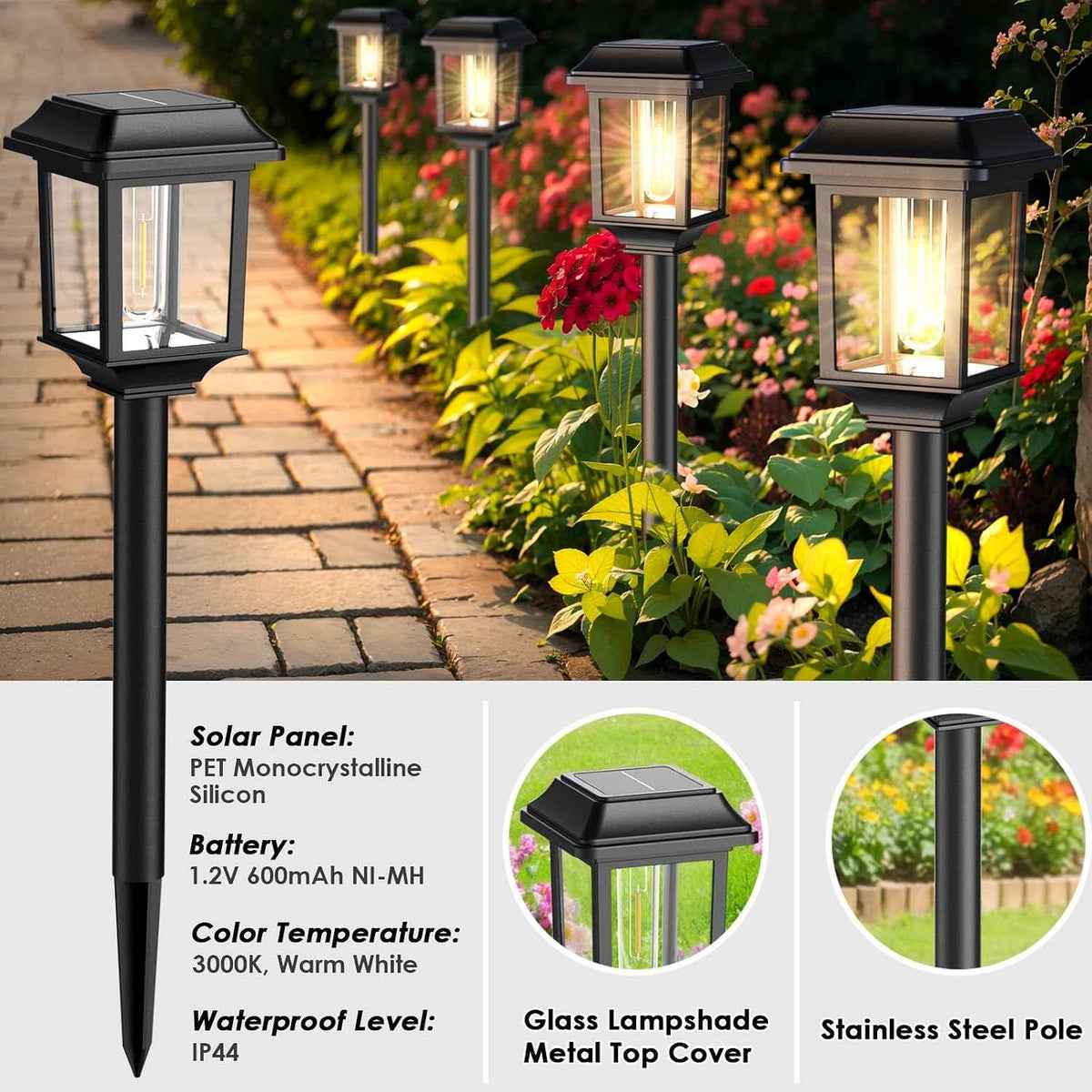Mancra Solar Outdoor Lights Waterproof, 8 Pack Metal Glass Solar Pathway Lights Outdoor Lighting Garden Decor for Landscape Path Yard Patio Driveway (Warm White)