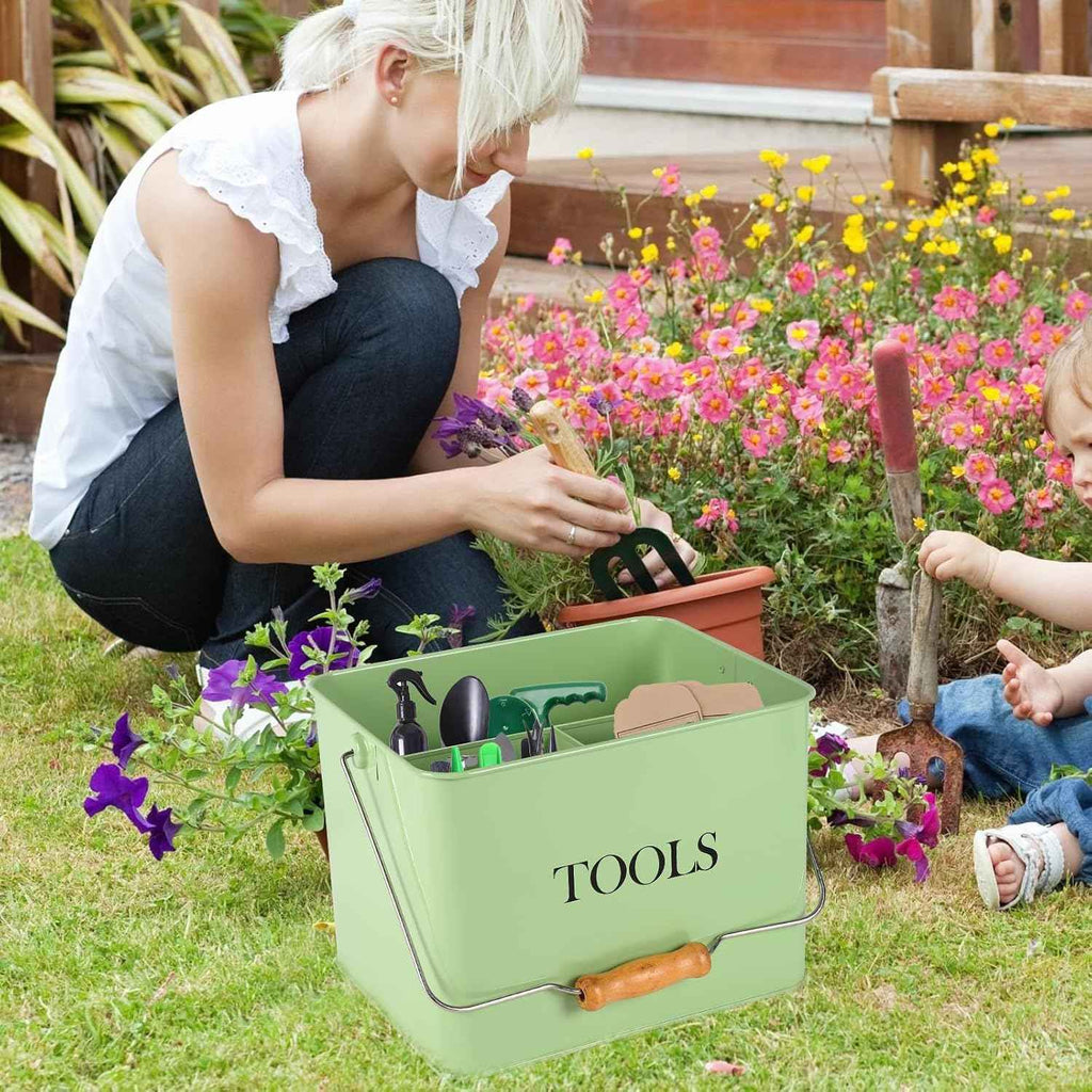 Garden Tool Organizer, Metal Tool Caddy with 3 Compartments, Portable Garden Tool Basket with Handle, Gardening Tool Kit Holder Empty, Garden Tool Storage for Indoor and Outdoor Use - Green