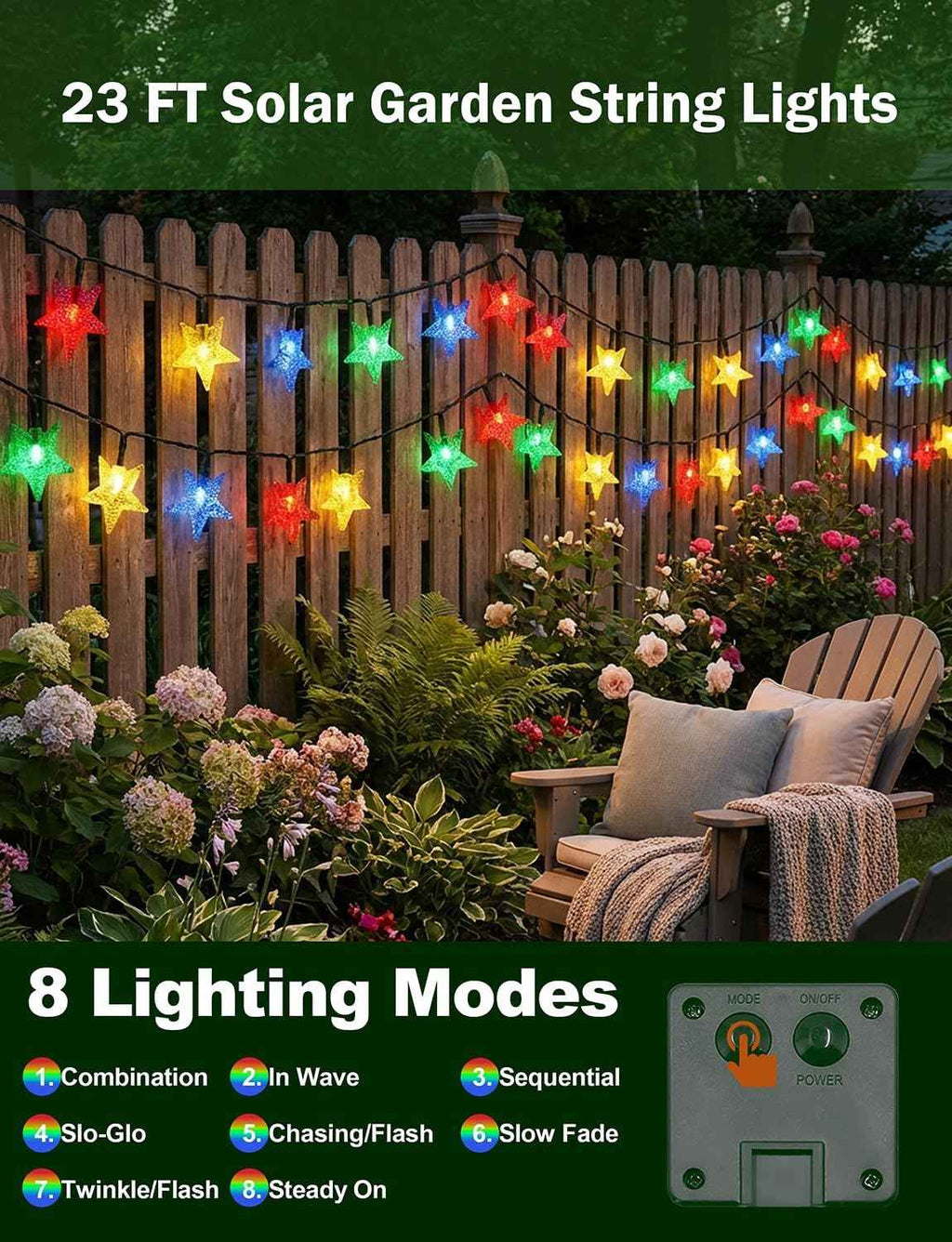 Star String Lights 23FT 50LED Colorful Star Fairy Lights Waterproof Solar Powered Twinkle Light with 8 Modes Outdoor Decorative Lights for Garden Patio Christmas Festival Party Decor