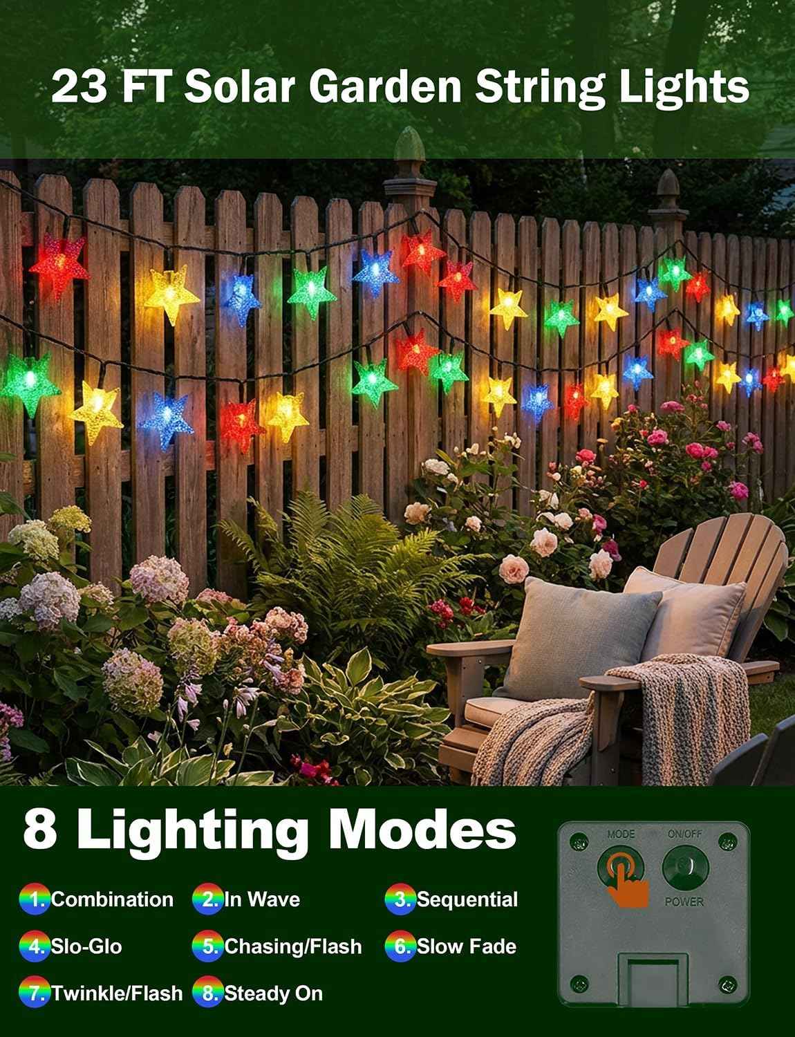 Star String Lights 23FT 50LED Colorful Star Fairy Lights Waterproof Solar Powered Twinkle Light with 8 Modes Outdoor Decorative Lights for Garden Patio Christmas Festival Party Decor