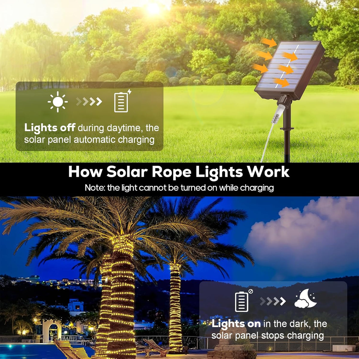 Solar Rope Lights, 66FT 200LED Outdoor Christmas Fairy Light (Warm White) | Type C & Solar, With Remote, Waterproof, Timing, 8 Modes, for for Garden Patio Porch Pool, Warm Christmas Decoration