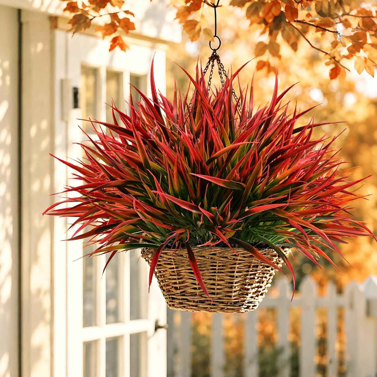 Waipfaru 12 Bundles Fake Plants Outdoor Artificial Grass Greenery Stems UV Resistant Faux Plants Shrubs for Home Garden Pathway Window Box Front Porch Spring Summer Decor (Gradient Red)