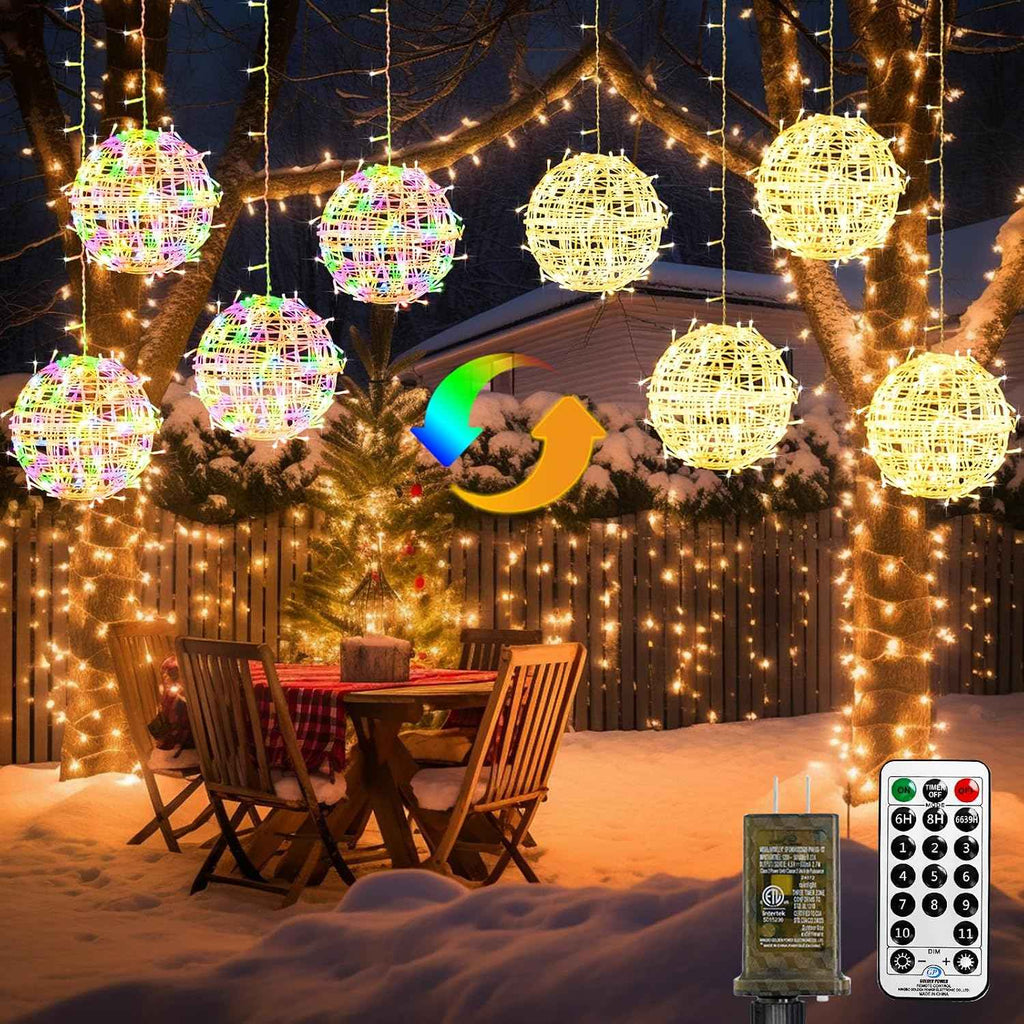 kolpop Color Changing Christmas Outdoor Balls Lights, 11 Modes Sphere Lights with Remote & Timer, 4 Pack 7.87" Dimmable Hanging Tree Globe Light with Plug-in for Xmas Party Yard Garden Decorations