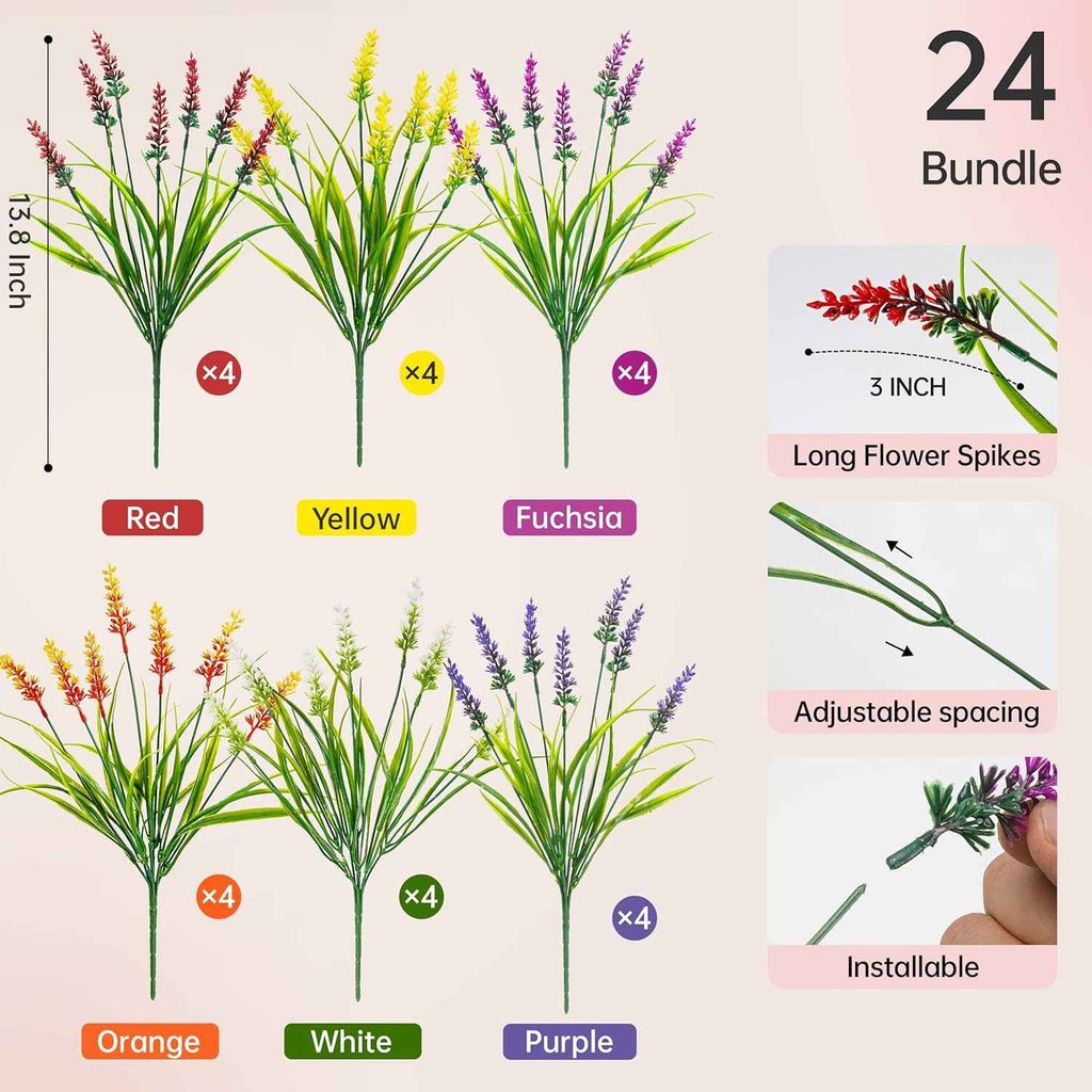 Der Rose 24 Bundles Artificial Plants Outdoor Fake Lavender Flowers UV Resistant Faux Plants Monkey Grass for Garden Porch Fence Patio Window Box Decor（Colorful）