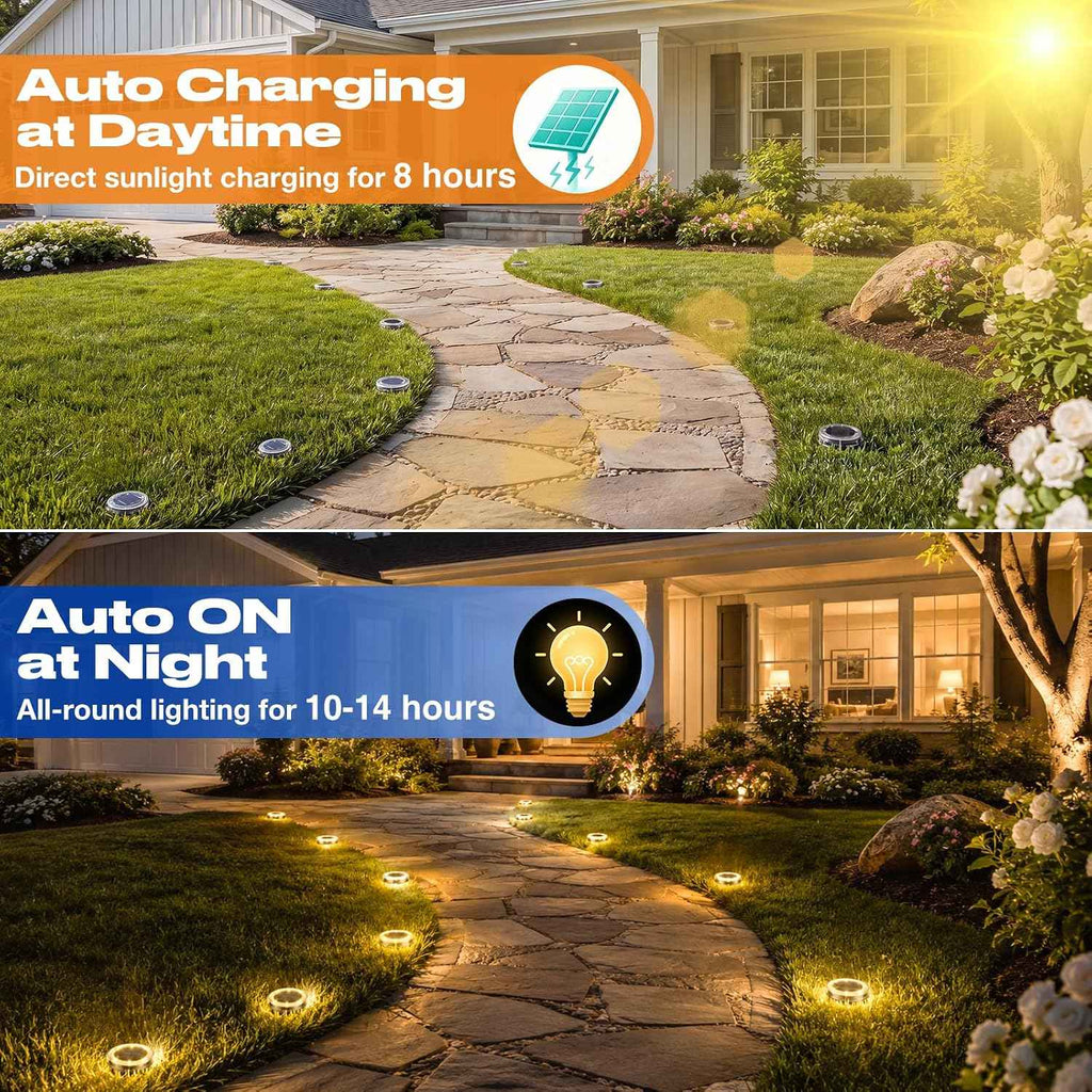 Peasur Solar Ground Lights Outdoor Anti-Rust Disk Lights, 16pack Warm White | IP68 Waterproof, 8 LED Flat Solar Lights Auto ON/OFF Solar Garden Lights for Walkway Driveway Yard Pathway Landscape Lighting