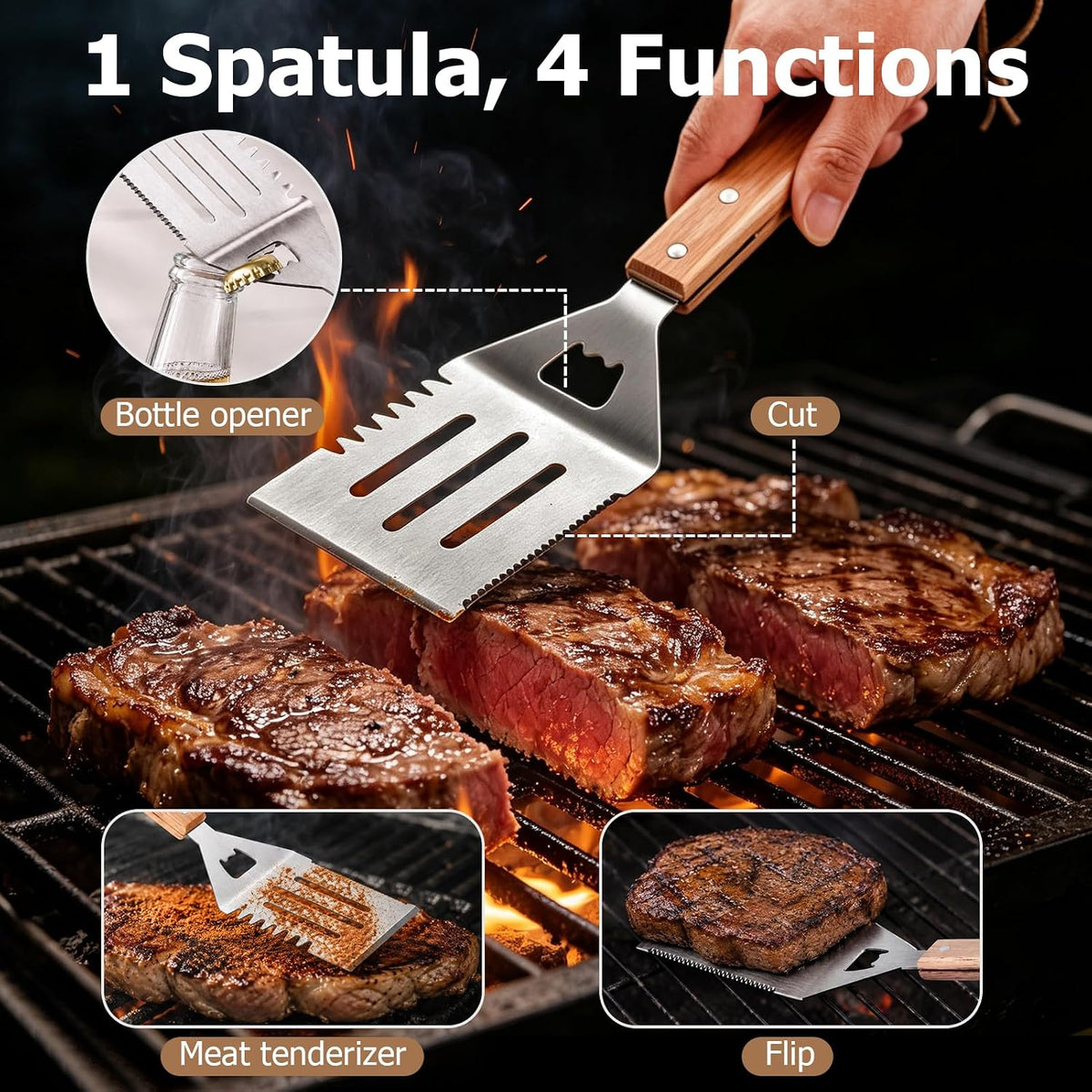 5-Piece BBQ Tools Set with Bamboo Case, Wooden Handle Stainless Steel Grill Accessories for Outdoor Cooking,Camping and Barbecue