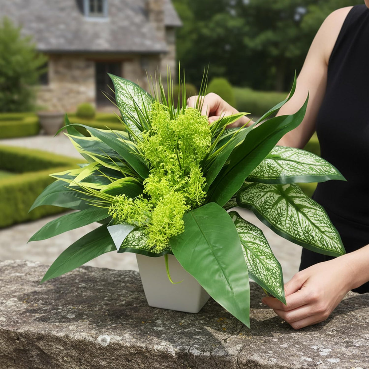 18 Bundles Artificial Greenery Plants, Outdoor Faux Bushes, UV Resistant Fake Plastic Leaves with Stems, Large Bunches for Patio, Garden & Yard Decor, Artificial Shrubs for Home, Outdoor Decoration