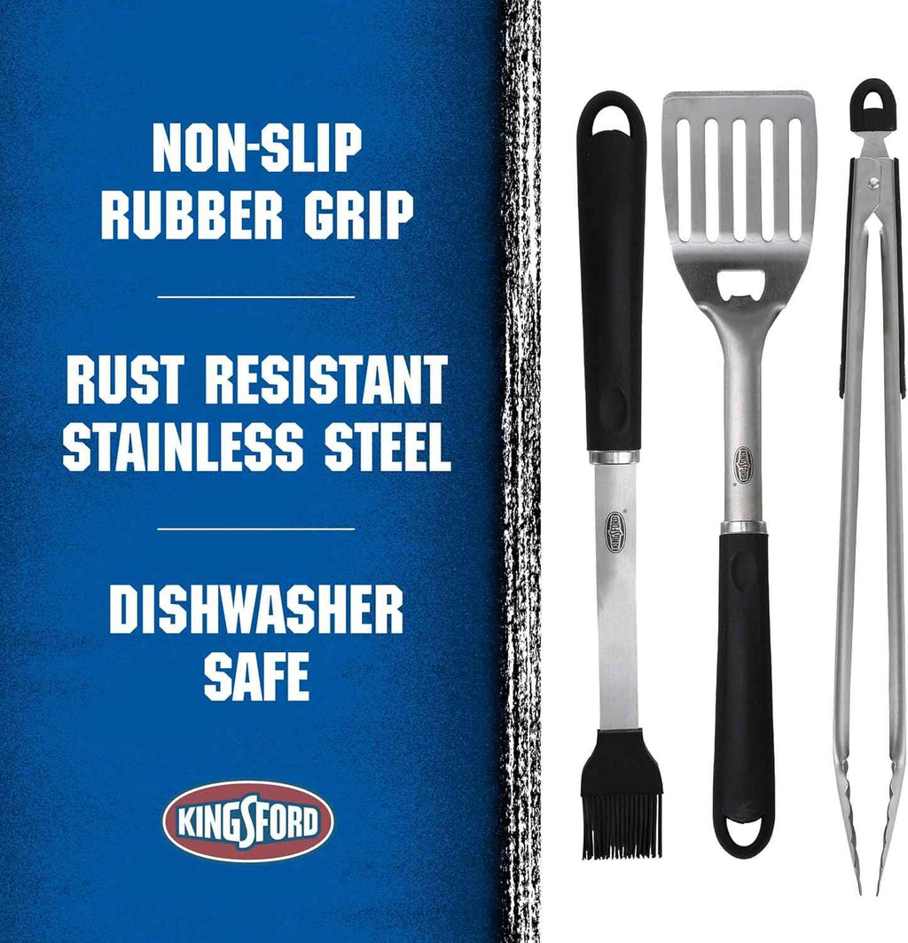 Kingsford 3-Piece Rust-Resistant Stainless Steel BBQ Tool Set, 3 Count | Rust-resistant stainless steel, spatula tongs and basting brush, outdoor grilling and cooking