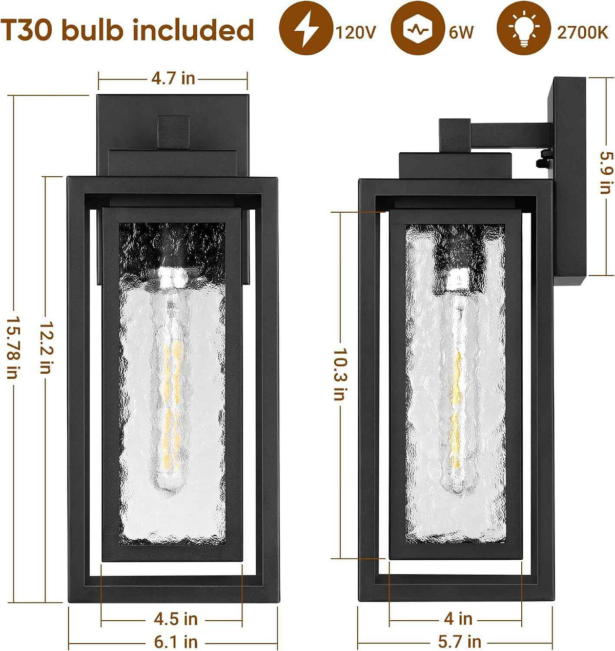 WIHTU 15.78'' Exterior Porch Light Fixture,Outdoor Wall Sconce Lights,Black | Water Ripple Glass , Rustproof Double Metal Frame, Waterproof. T30 Bulbs Included. 2 Packs, Outdoor & Indoor, For Porch