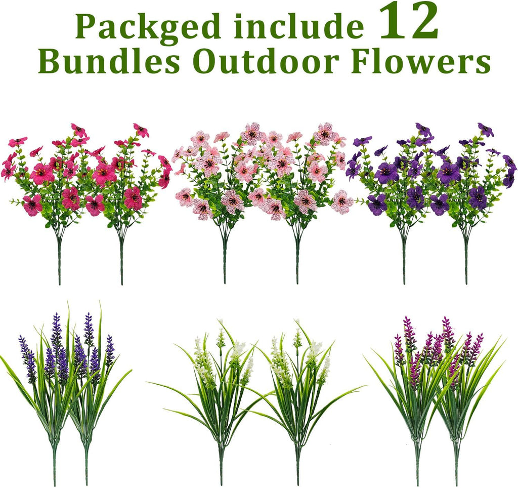 12 Bundles Artificial Flowers Outdoor Silk Fake Plants UV Resistant Faux Plastic Greenery Shrubs for Home Outside Garden Front Porch Vase Pot Planters Decor (Mix Color)