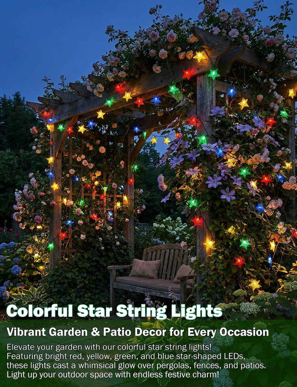 Star String Lights 23FT 50LED Colorful Star Fairy Lights Waterproof Solar Powered Twinkle Light with 8 Modes Outdoor Decorative Lights for Garden Patio Christmas Festival Party Decor