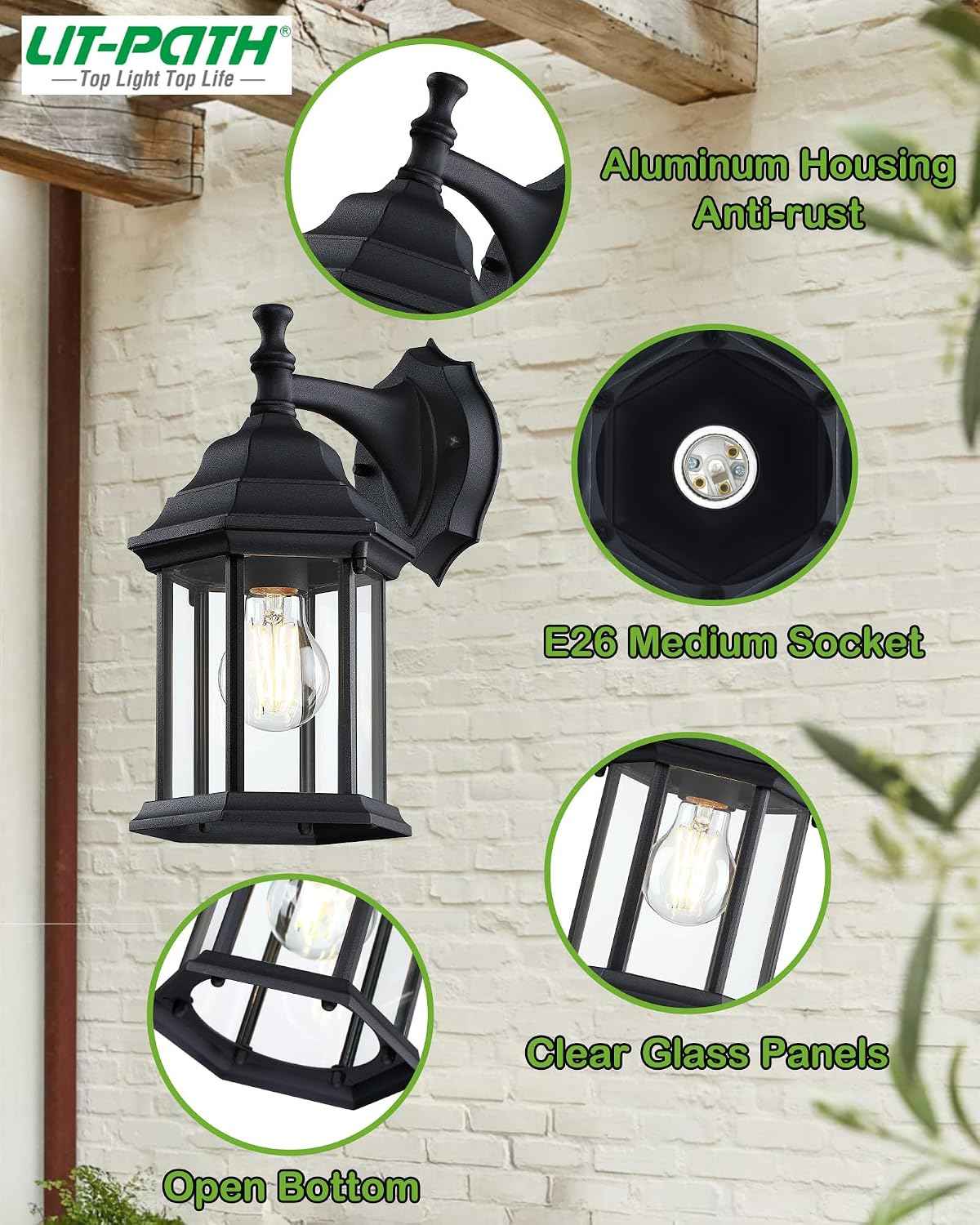 LIT-PaTH Outdoor Wall Light Fixture, Antirust Aluminum Glass, Black 1 Pack | Large Exterior Porch Light Wall Sconce Lantern for House Patio Garage, Waterproof Rustproof, E26 Socket 60W Max
