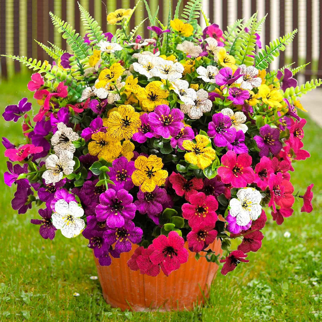 Artificial Fake Flowers for Outdoors,16 Bundles Artificial Plants Outdoor Faux Plants UV Resistant, Realistic Faux Silk Flower 6 Colors Spring Summer Decor for Porch Outside Planter Window Box
