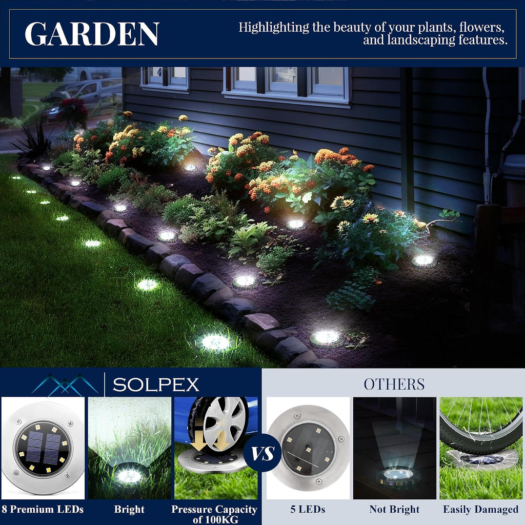 SOLPEX Solar Ground Lights Outdoor, Garden Lights 12 Pack Cool White | IP65 Waterproof Stainless Steel Landscape Lighting for Walkway, Driveway, Pathway, Patio, Backyard Decor
