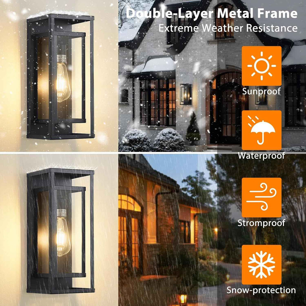 14" Black Outdoor Light Fixture, E26 Outdoor Wall Lantern 2-Pack | Exterior Lighting Fixtures, Waterproof Modern Front Porch Lights, Clear Glass Coach Lights, For Garage, Porch, Front Door