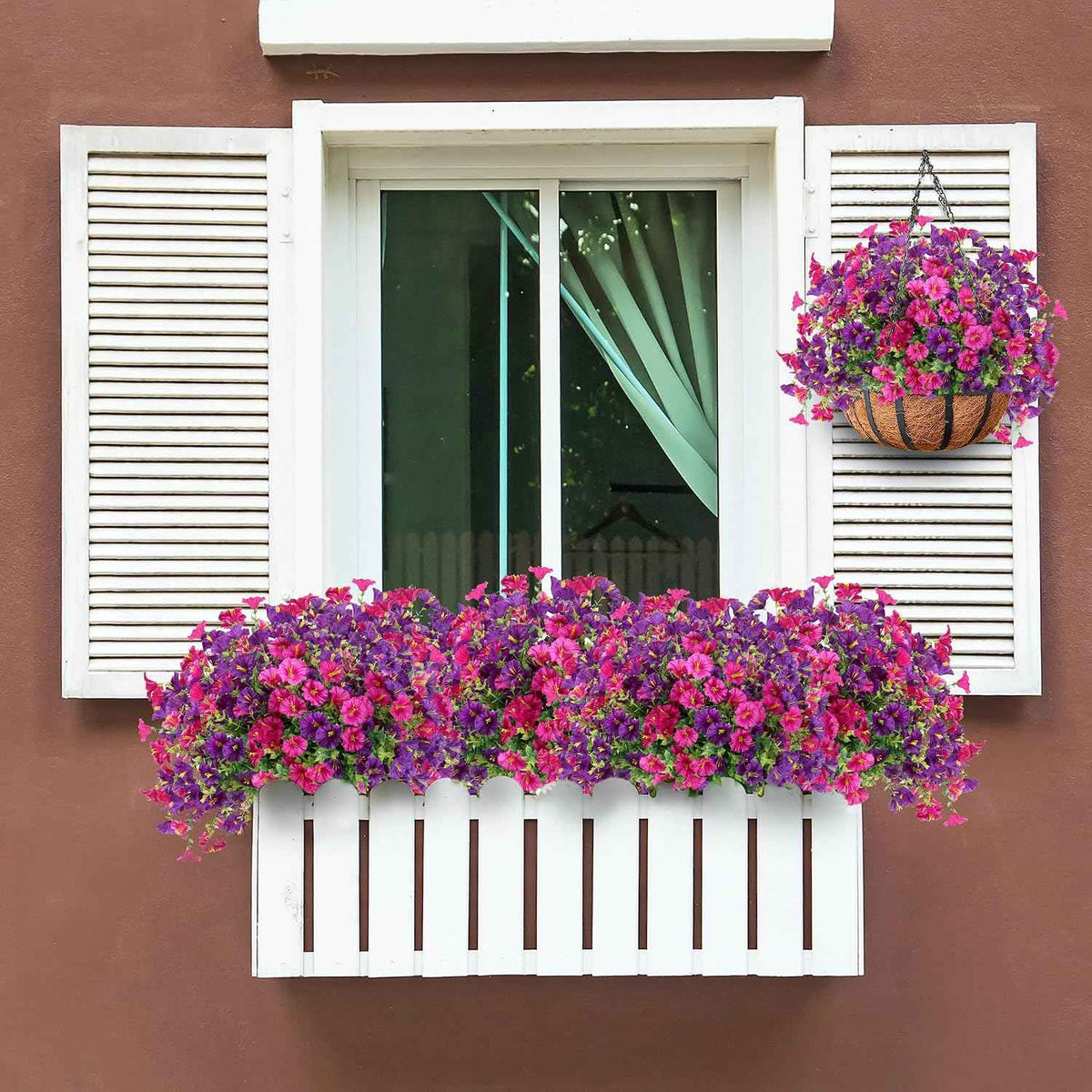 Artificial Flowers for Outdoors 12 Bundles Realistic Faux Plants UV Resistant Fake Silk Morning Glory with Eucalyptus for Front Door Planter Patio Porch Spring Summer Decoration (2 Mixed Color)