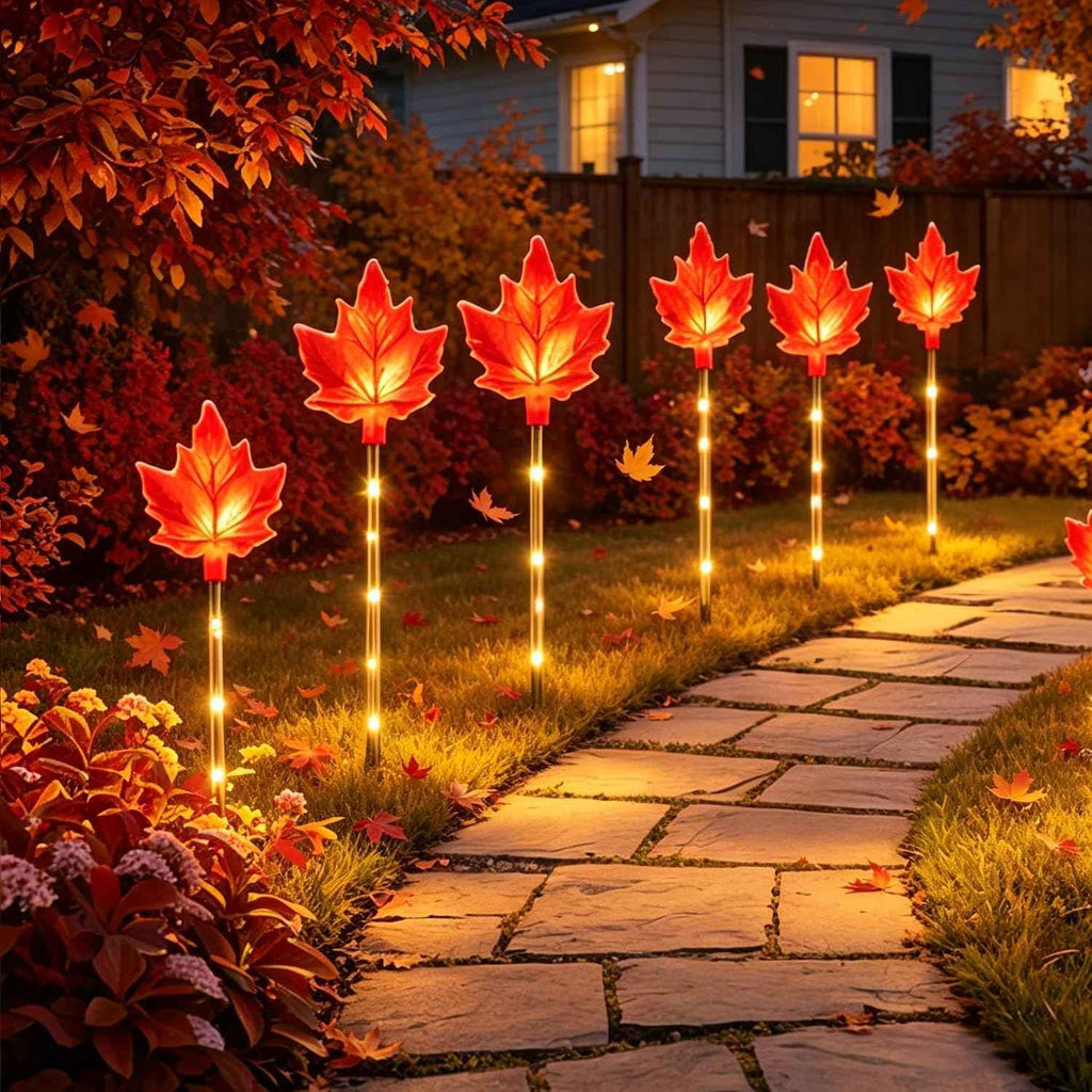 Solar Fall Pathway Lights - 6 Pack Outdoor Path Maple Leaf Light, 8 Lighting Modes, Waterproof Garden Stake Lights for Autumn, Thanksgiving, Halloween, Landscae Decor