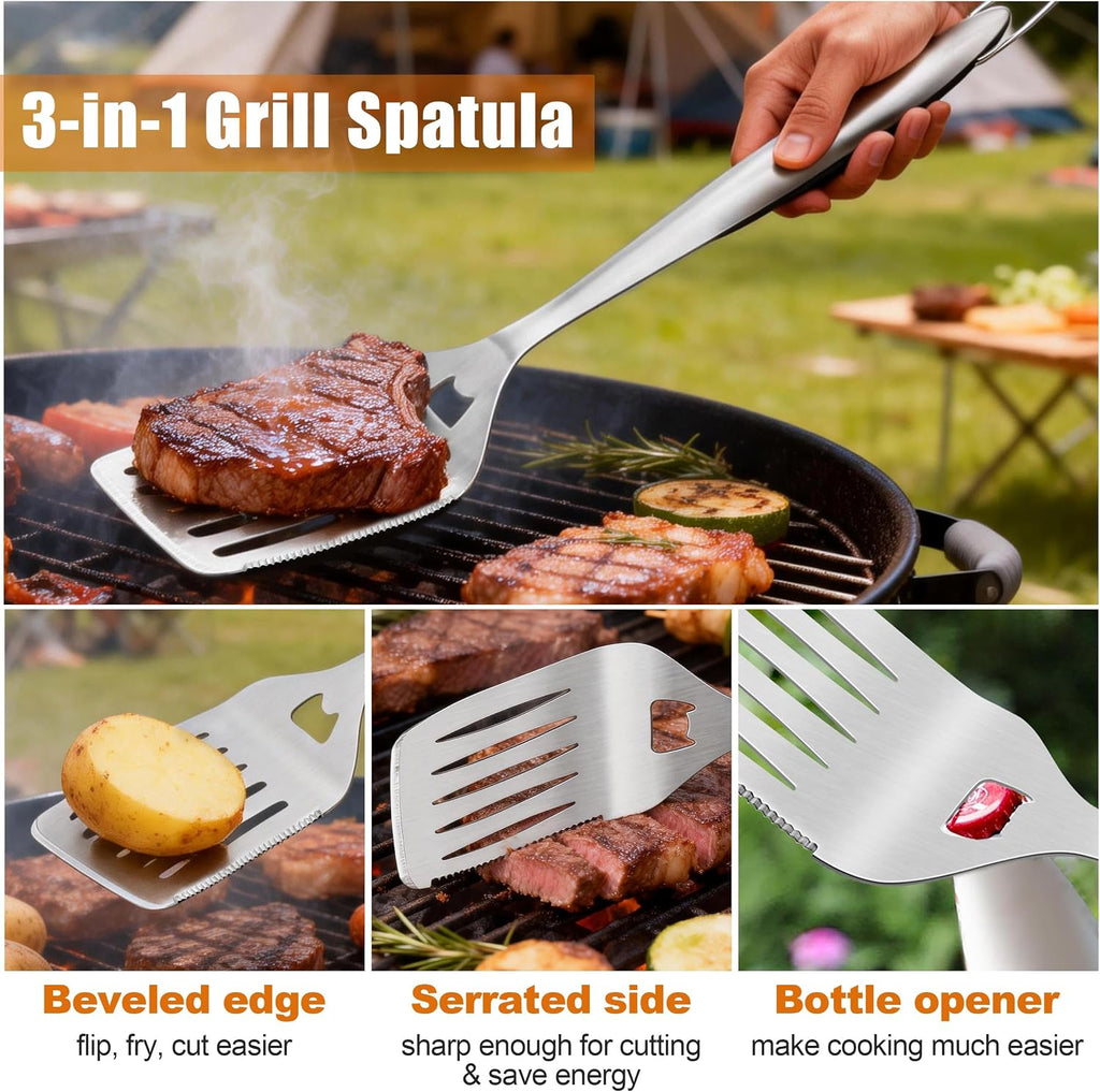 BBQ Accessories, HaSteeL 18In Grill Tools for Outdoor Grill - 4 Pack | Stainless Steel Grill Accessories for Camping, Heavy-Duty Grill Spatula, Tong, Fork, Brush, Campfire Cooking Utensils for Men