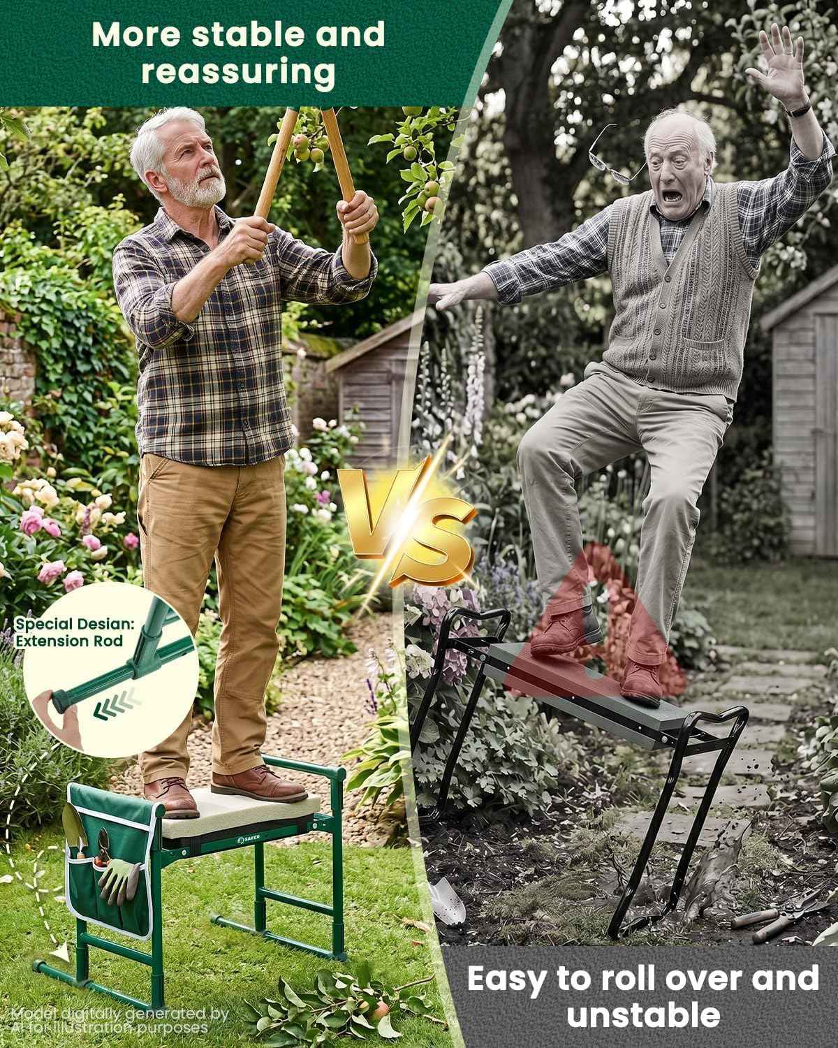 Saker 2026 Upgraded Garden Kneeler and Seat with 500LB Frame & Soft Pad | Foldable Stool, Heavy-Duty Steel, Comfortable Kneeling, Support for Elderly Gardening & Weeding(Basic Version)