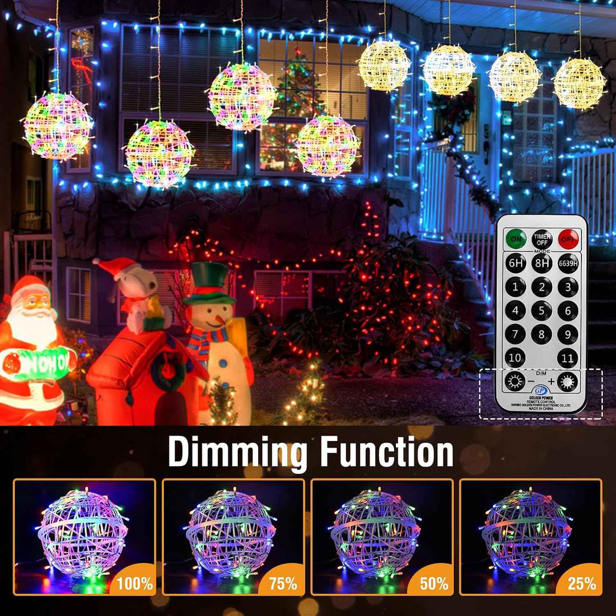 kolpop Color Changing Christmas Outdoor Balls Lights, 11 Modes Sphere Lights with Remote & Timer, 4 Pack 7.87" Dimmable Hanging Tree Globe Light with Plug-in for Xmas Party Yard Garden Decorations