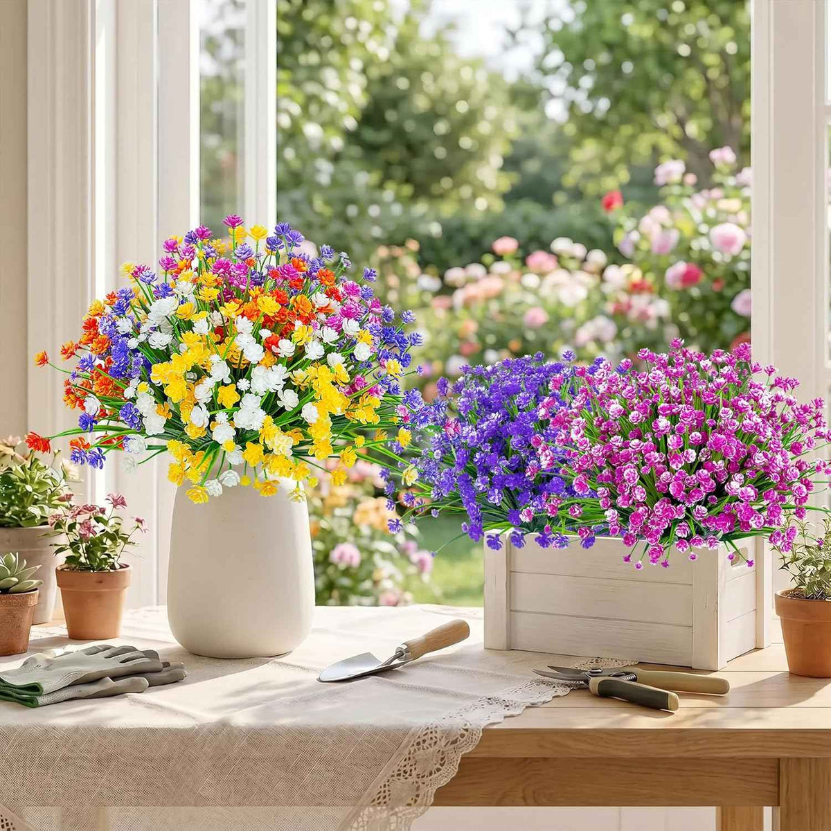 Ouddy Decor 24 Bundles Artificial Flowers for Outdoors Decor, Mixed Color | Fake plastic flowers, faux boston fern plants, greenery stems, UV resistant, indoor outdoor garden patio table home decor