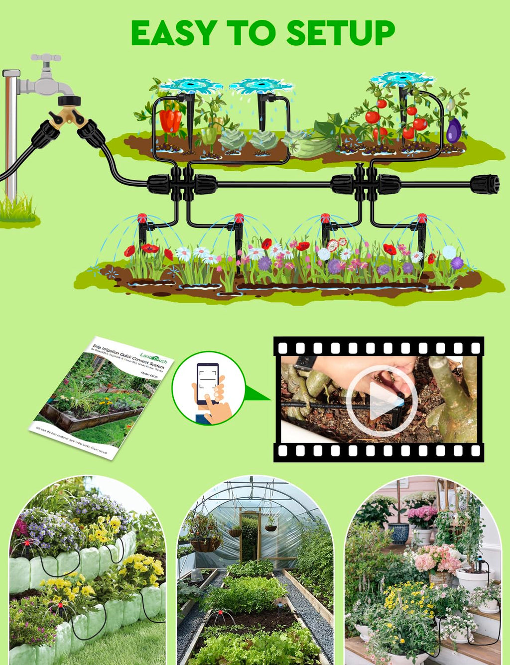 250FT Drip Irrigation System for Garden - 50FT 1/2" Main Tube & 200FT 1/4" Branch Tubing, Brass Splitter, Quick Connect Design, Perfect for Outdoor Plants, Raised Beds, Greenhouses