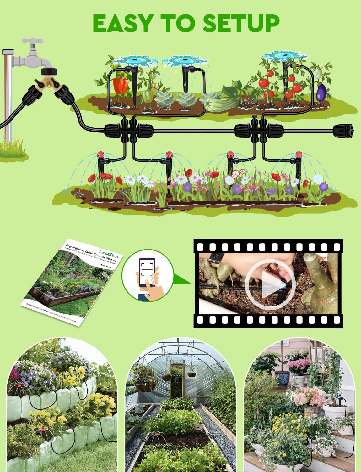 250FT Drip Irrigation System for Garden - 50FT 1/2" Main Tube & 200FT 1/4" Branch Tubing, Brass Splitter, Quick Connect Design, Perfect for Outdoor Plants, Raised Beds, Greenhouses