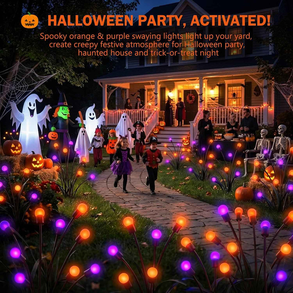 Halloween Firefly Solar Lights 2 Pack 6 LED Orange Purple | Swaying Pathway Lights IP65 Waterproof Auto Dusk to Dawn Outdoor Landscape Lights for Yard Patio Lawn Party Decor