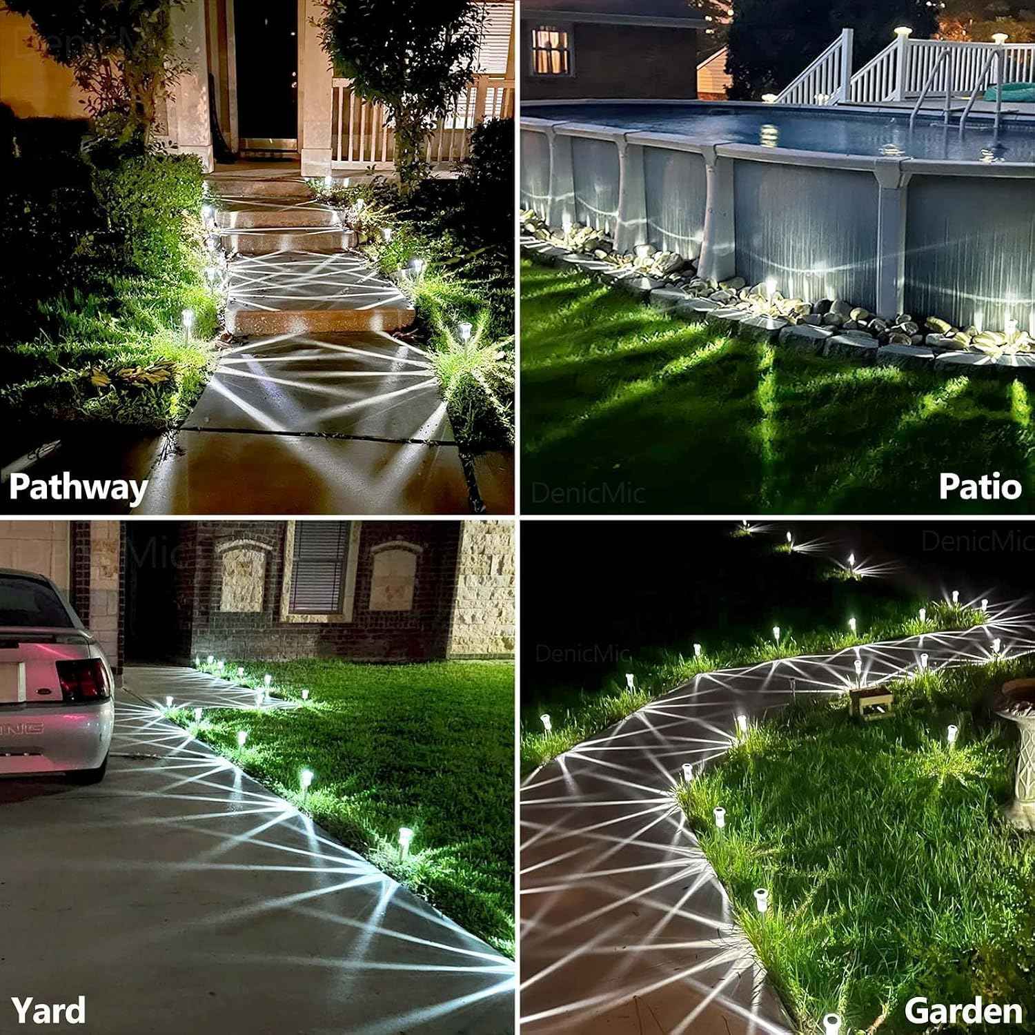 DenicMic Solar Lights Outdoor Waterproof 10 Pack Pathway Lights Cool White | Stake Lights for Yard Garden Driveway Walkway Outside Landscape Path Lights, Auto On/Off 6000K LED, Stainless Steel Pole