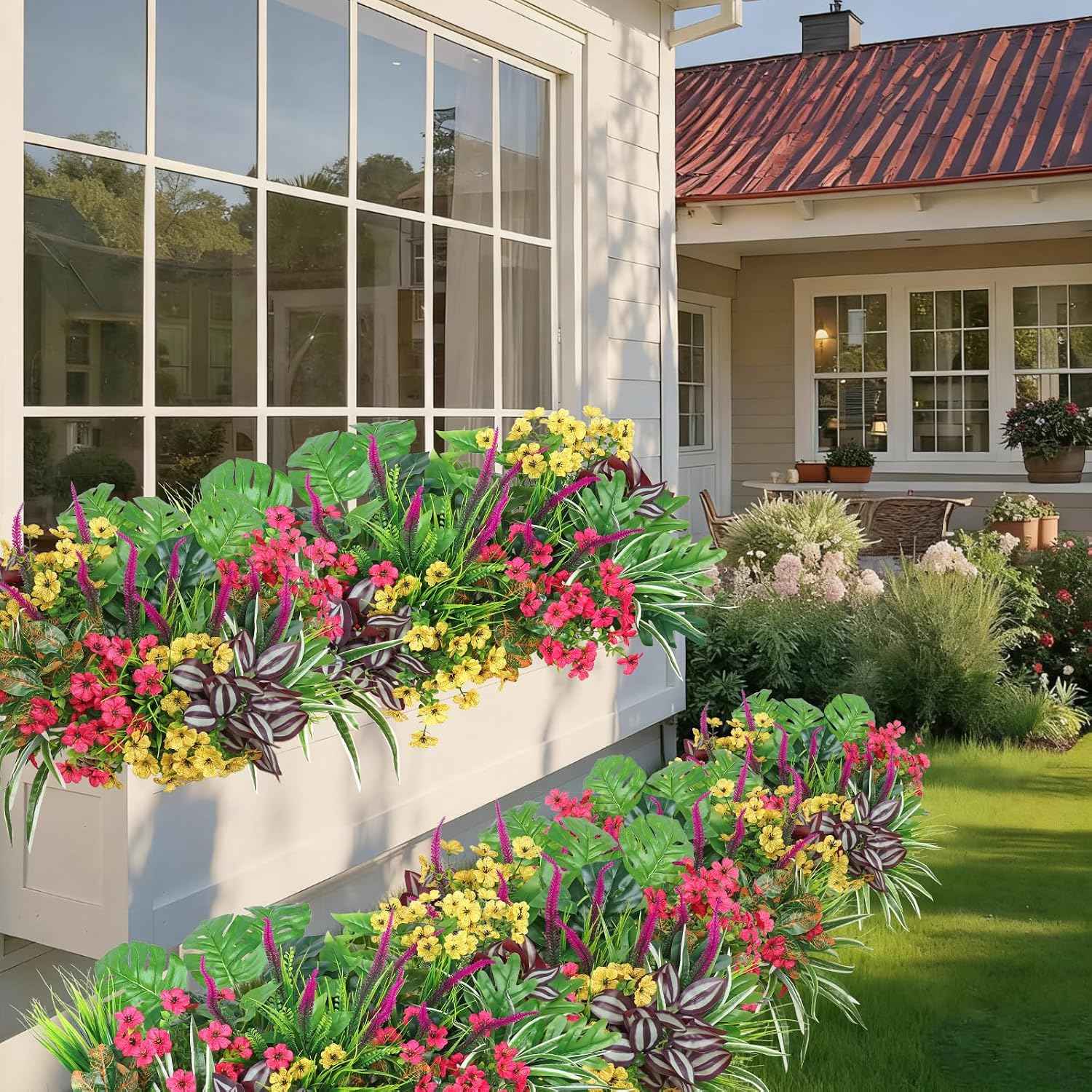 Dremisland 20 Bundles Fake Flowers Artificial Plants for Outdoors UV Resistant Faux Greenery Stems Silk Flowers Realistic Plastic Ferns Shrubs Plants for Planter Garden Patio Window Box Home Decor