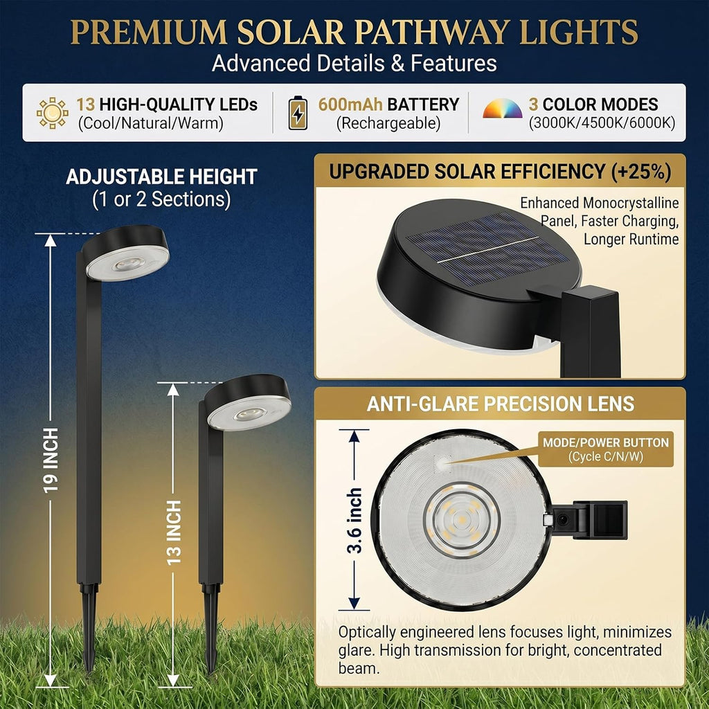 Upgraded 12 Pack Solar Pathway Lights Outdoor, 3 Color Temperatures | Switch Between Warm, Neutral & Cool White Lighting, Enhanced LED Brightness for Walkways, Gardens & Landscapes