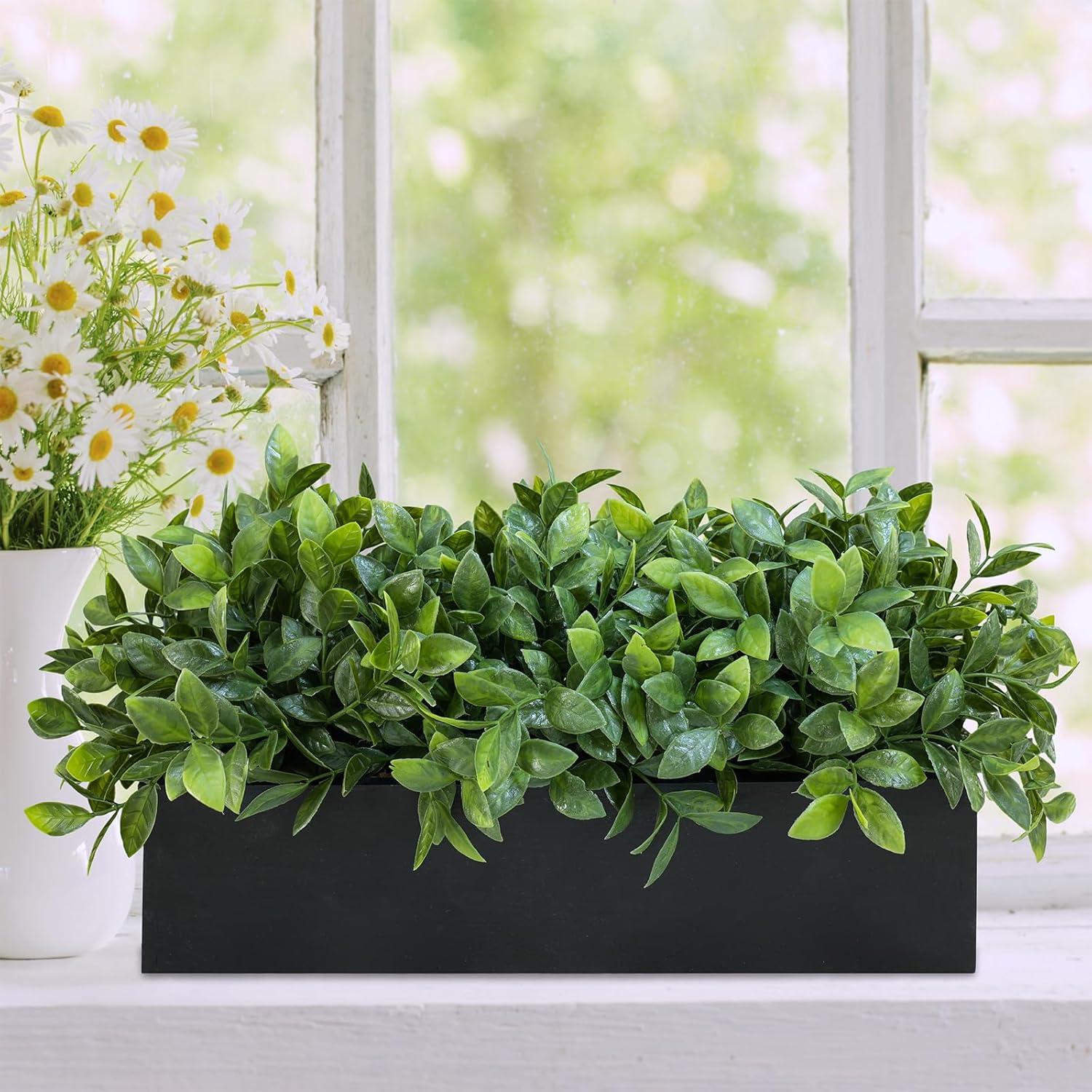 Winlyn 14" Artificial Boxwood Plant Greenery Arrangement Faux Boxwood in Black Rectangular Wooden Planter Potted Herb Plant for Farmhouse Home Decor Wedding Windowsill Mantel Shelf Table Centerpiece
