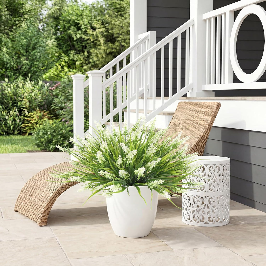 Outdoor Plants Artificial for Porch UV Resistant Faux Outdoor Plants | 10 Bundles Artificial Monkey Grass Fake Lavender Flower Faux Greenery Planter Filler for Patio Garden Porch Decor (White)