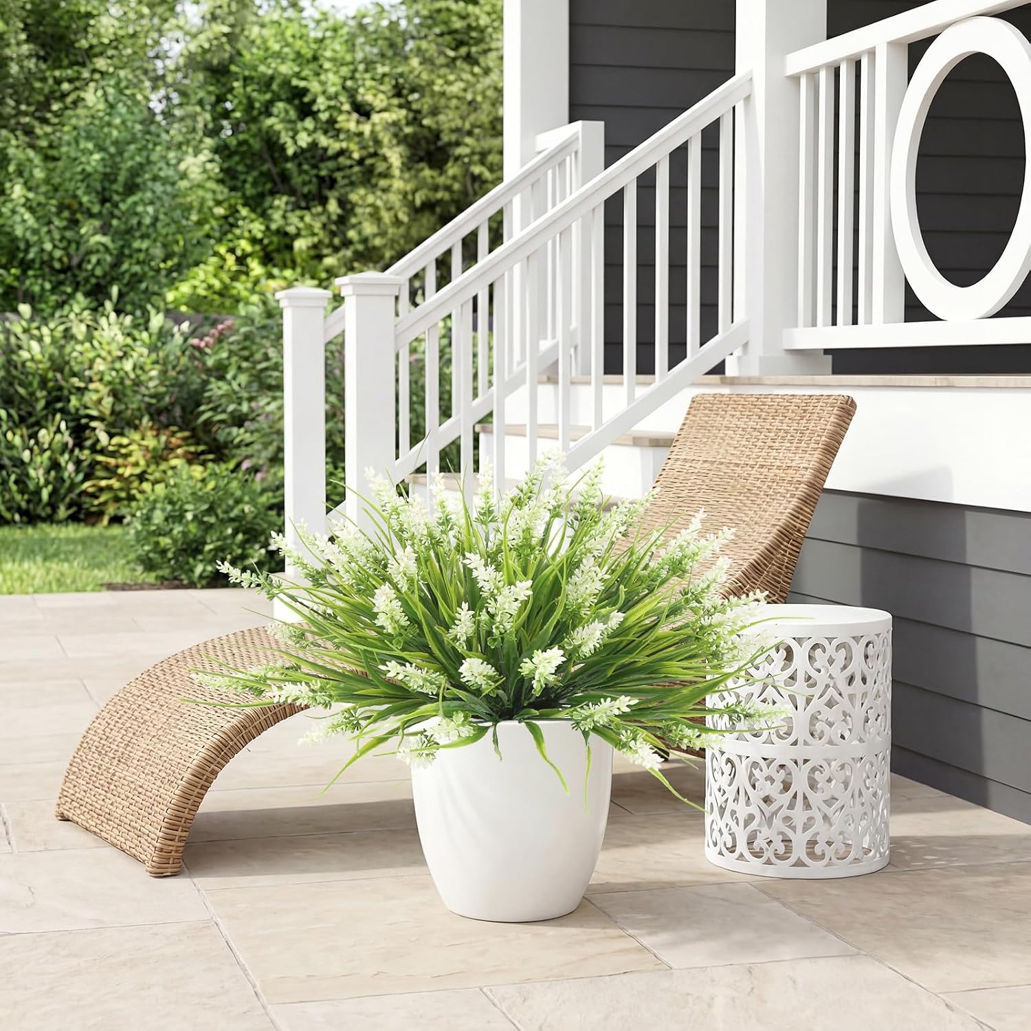 Outdoor Plants Artificial for Porch UV Resistant Faux Outdoor Plants | 10 Bundles Artificial Monkey Grass Fake Lavender Flower Faux Greenery Planter Filler for Patio Garden Porch Decor (White)