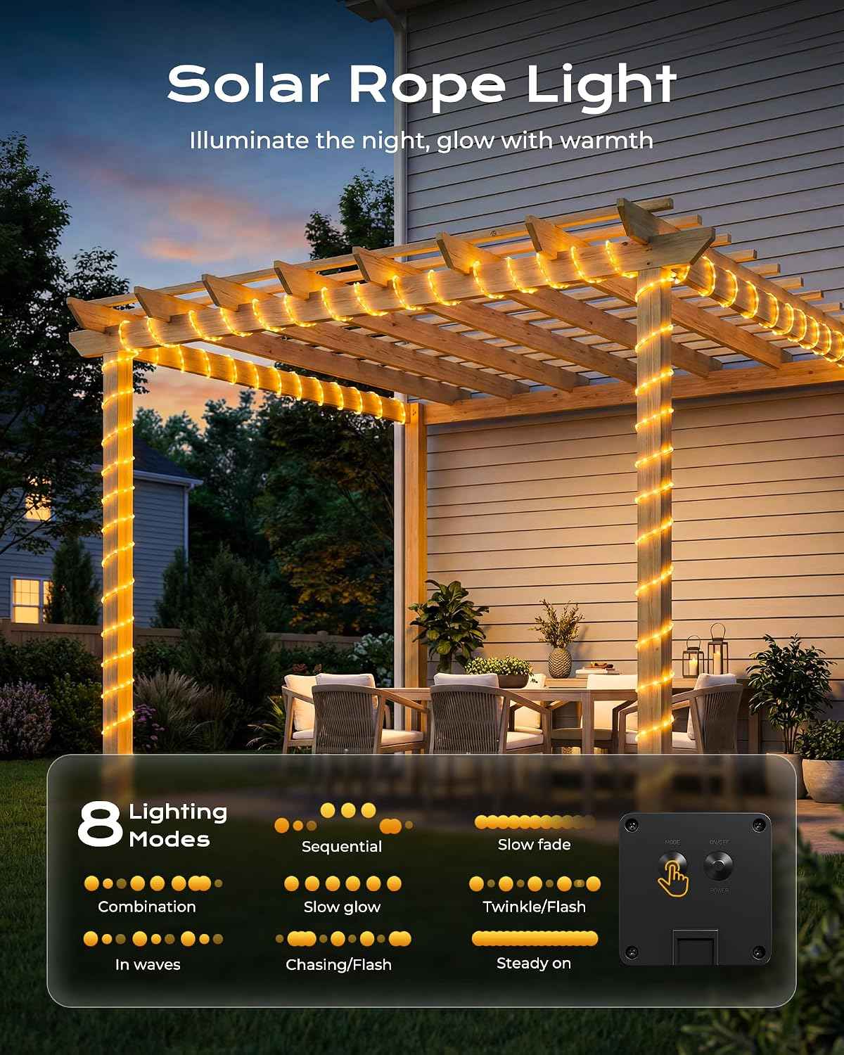 Brightown 2 Pack Total 78FT 200LED Warm White Solar Rope Lights Waterproof | IP65 waterproof solar fairy lights with 8 lighting modes, solar powered, perfect decor for yard, garden and outdoor tree
