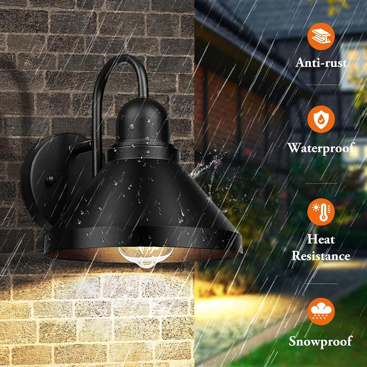 Brightever Gooseneck Outdoor Light Fixtures, 2-Pack Farmhouse Barn Lights for Porch, Industrial Black Exterior Wall Sconce for Garage, Patio, E26 Base Anti-Rust, Bulb not Included