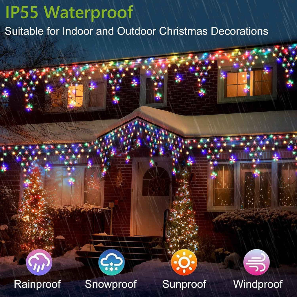 Christmas Lights Outdoor Decorations 218 LED 13.8ft Curtain Fairy Lights with 11 Drops, LED String Light Decor with 8 Modes for Party Holiday Christmas Home Indoor Outdoor Decor Star Multicolor