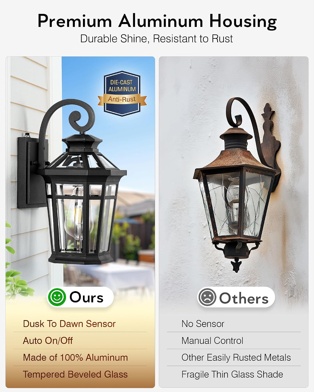 Outdoor Light Fixtures Wall Mount, Black Exterior Sconce Lights Waterproof, Dusk to Dawn Porch Light with Beveled Glass, 100% Aluminum Outdoor Wall Lantern for Garage, Outside Lights for Patio