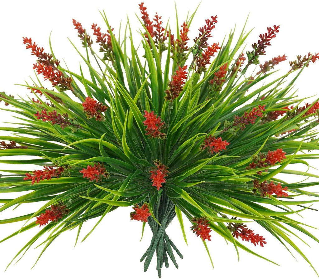 obbsie 12 Bundles Artificial Plants Outdoor, 18.2" UV Resistant Faux Monkey Grass Greenery Stems No Fade Faux Plastic Flowers Shrubs for Home Weddings Garden Porch Front Patio Office Decor - Red