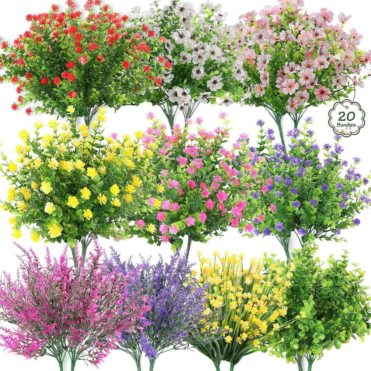 20 Bundles Artificial Spring Summer Flowers Bulk for Outdoors, UV Resistant | Silk Fake Wildflowers and Plastic Faux Lavender Plants for Outside Garden Patio Porch Window Box Hanging Basket Decor