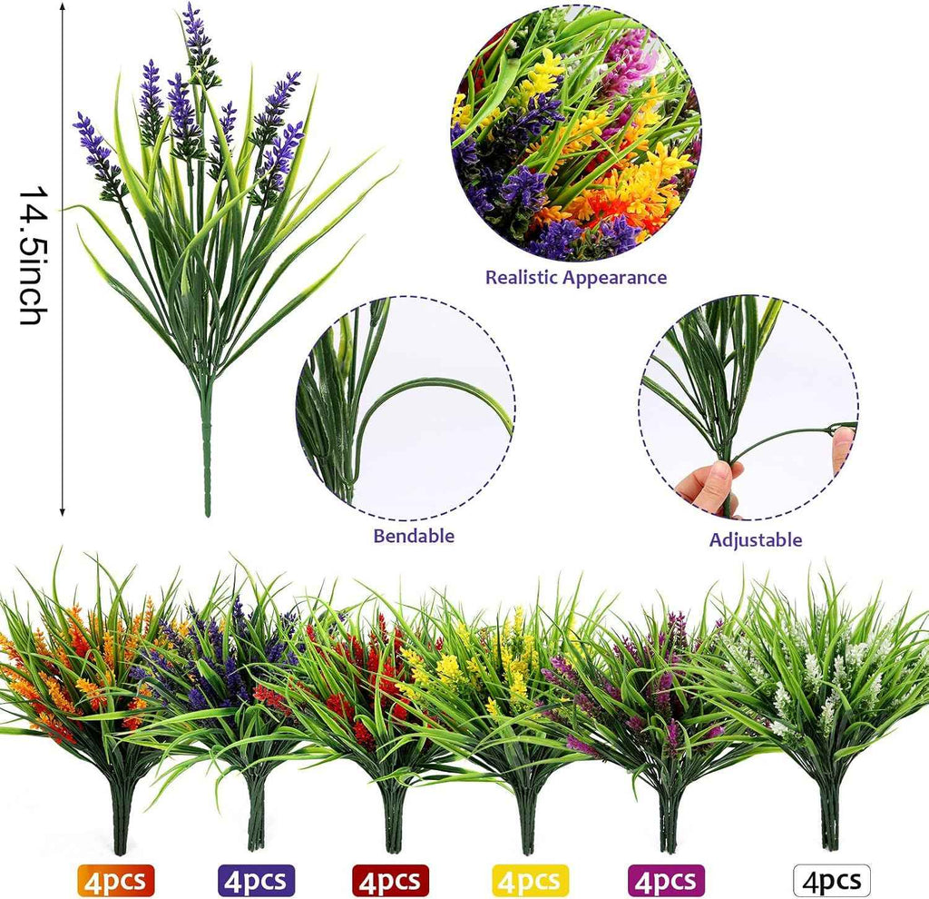 24 Bundles Artificial Plants Flowers Outdoor, UV Resistant,Mix 6 Colors | Faux Plants with Monkey Grass, Realistic Plastic Flowers for Garden Porch Window Box Patio Hanging Planter Decor