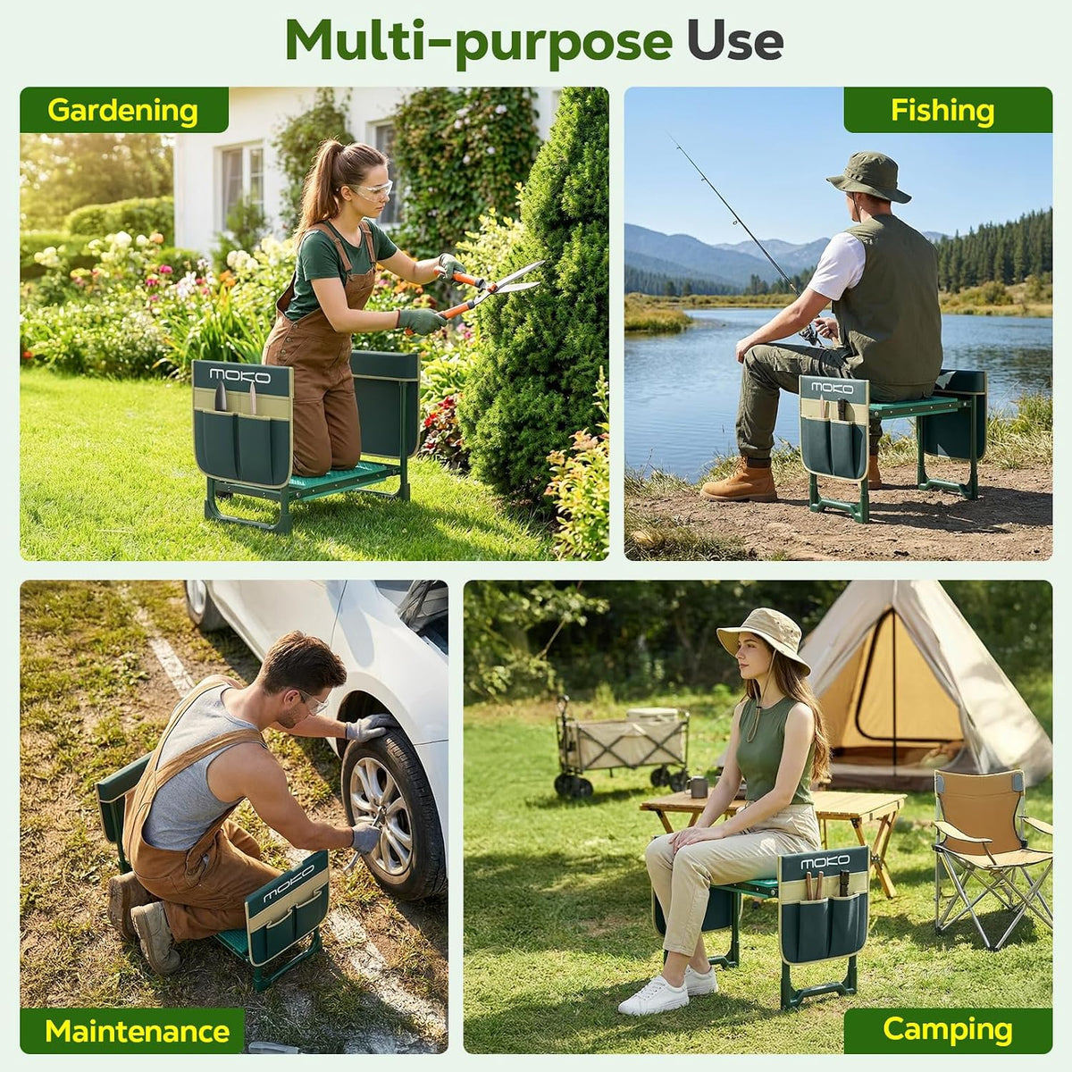 MoKo Garden Kneeler, 350 lb Foldable Garden Kneeler and Seat Tool Bag,Green | 2-in-1 Heavy Duty Gardening Stool,10.2in widened seat cushion and 2 Oxford tool bag, Gardening Gifts for Women, Seniors,