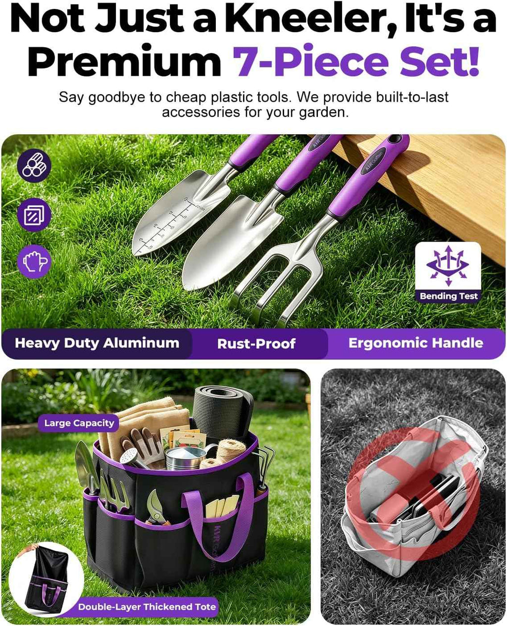Garden Stool & Kneeler 7-Piece Set with 3 Aluminum Tools, Double-Layer Tote Bag & 2 Side Pouches - Foldable Gardening Bench Kit - Ideal Gifts for Women Mom Seniors (Purple)