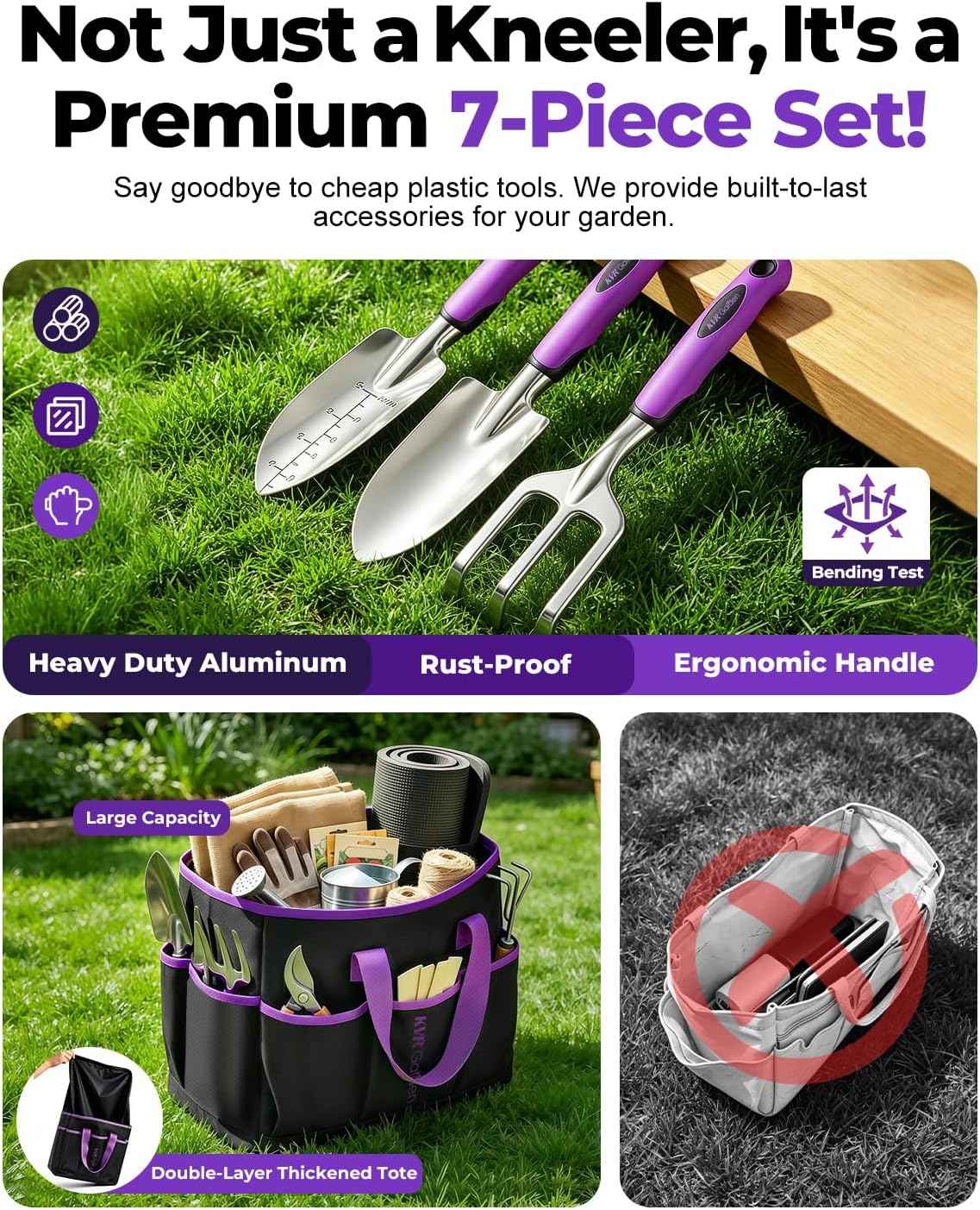 Garden Stool & Kneeler 7-Piece Set with 3 Aluminum Tools, Double-Layer Tote Bag & 2 Side Pouches - Foldable Gardening Bench Kit - Ideal Gifts for Women Mom Seniors (Purple)
