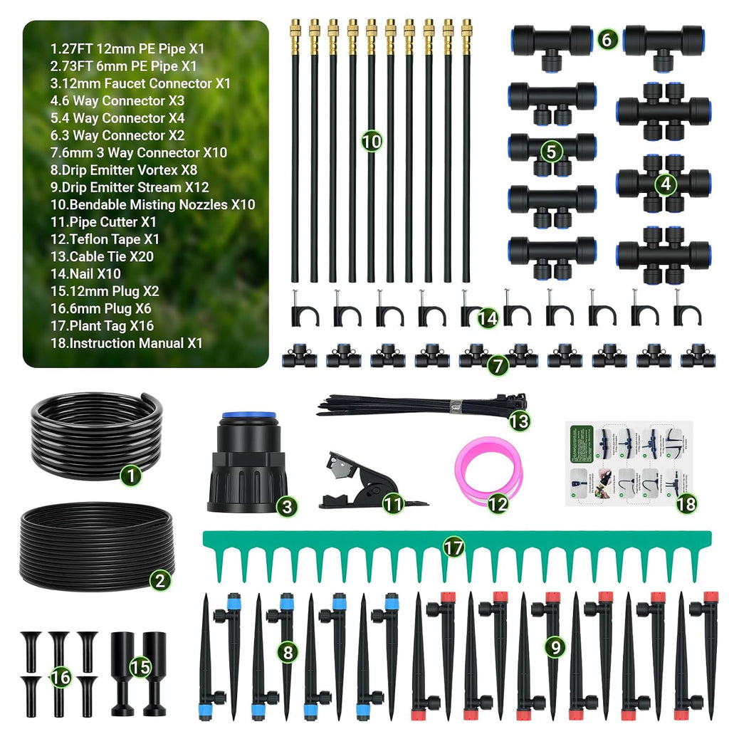 100FT Drip Irrigation Kit with 30 Emitters, 3 Spray Types, Push-Fit System | Quick-connect Fittings, Save water, Leak-free, Automatic Plant Watering Sprinkler System for Greenhouse, Potted, Raised Bed