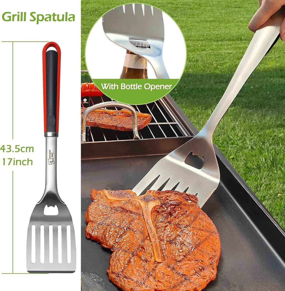 Double Two 4-Piece Stainless Steel BBQ Tool Set - Tong, Fork, Spatula, Brush - Utensils for Grill - Tools for Outdoor Grilling- BBQ Kits