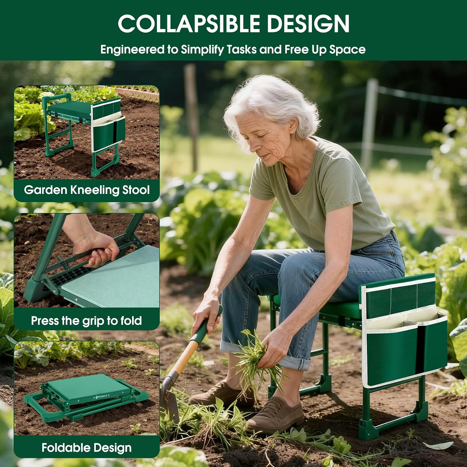Garden Kneeler and Seat Heavy Duty 600LBS w/ Thicken Wide Soft Kneeling Pad | Foldable Garden Bench Kneeler Anti-Tip Gardening Stool, Tool Pouch Bag|Extendable Legs, Gifts for Seniors Gardeners Women Men